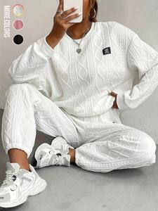 women's solid patched drop shoulder sweatshirt & elastic waist pants two-piece set, casual fashion cozy round neck long sleeve pullover & trousers for daily wear, ladies two-piece outfits for fall & winter