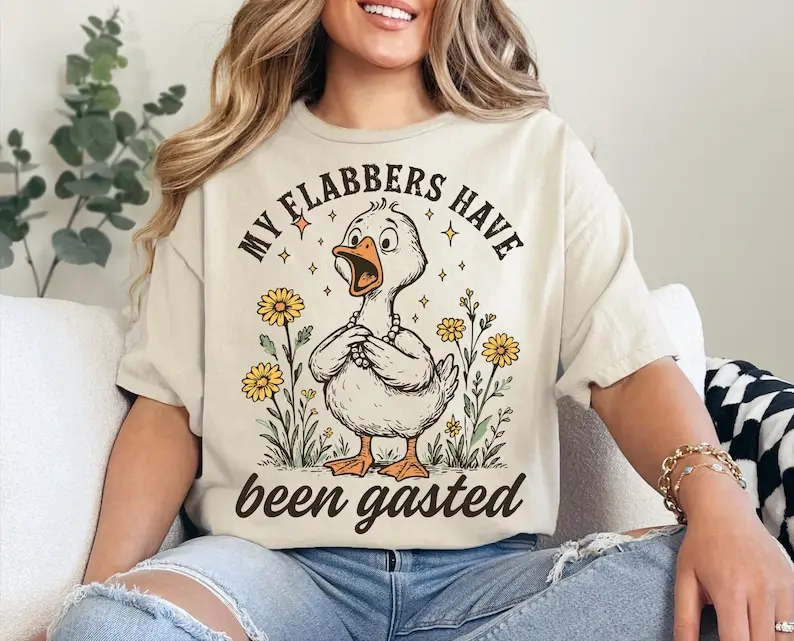 Women's Fitted Short-Sleeve Humor Graphic Tee, Casual Cotton Round Neck Tops with Sarcastic Goose "My Flabbers Have Been Gasted" Print, Shortsleeve, Humorous Print, Soft Cotton, Fitted Cut, Goose Quote, T-Shirt Top, All Seasons, Goose Graphic