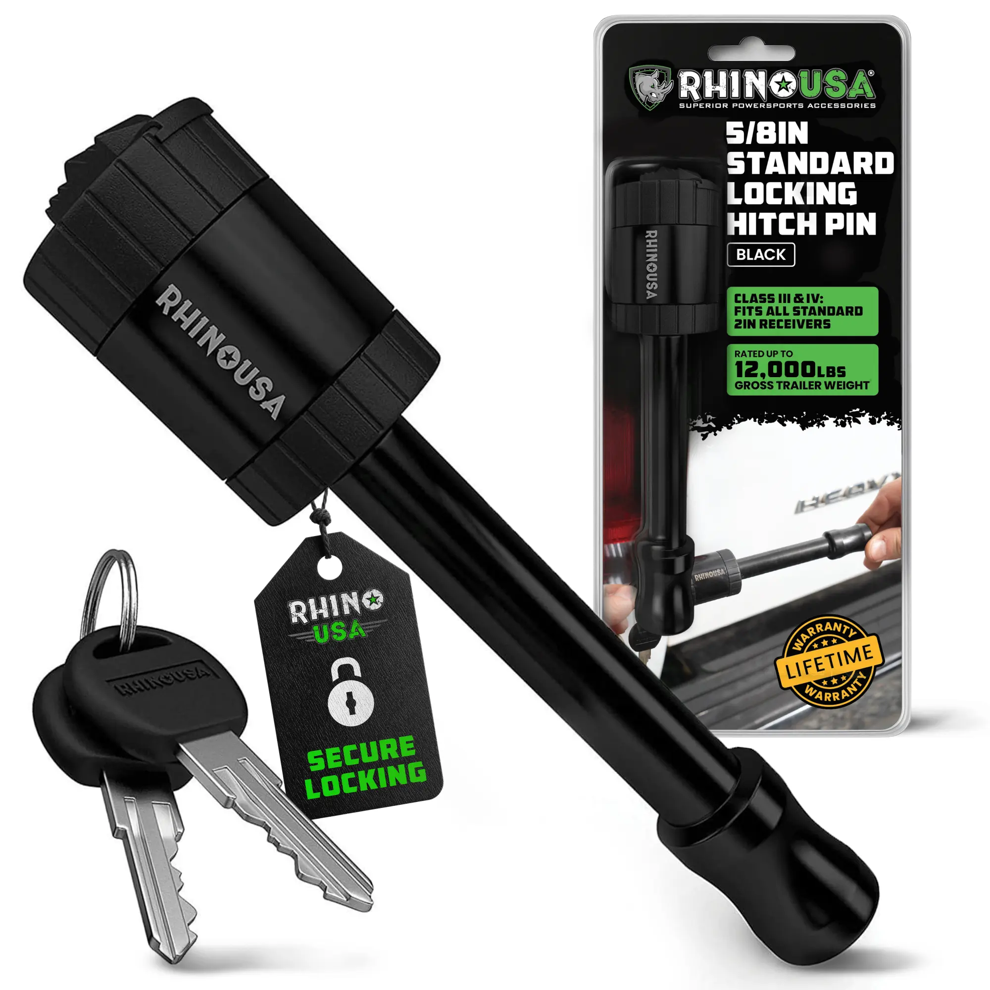 Rhino USA Trailer Hitch Pin (2 Inch) Patented 5/8" Locking Receiver Hitch Pins for Class III IV Hitches Rhino USA Trailer Hitch Pin (2 Inch) Patented 5/8" Locking Receiver Hitch Pins for Class III IV Hitches