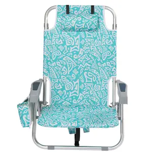 5-Position Classic Lay Flat Aluminum Outdoor Backpack Beach Chair - Lightweight Foldable, Portable Folding Picnic Chair with Cooler, Cup Holder, for Tanning, Tropical Leaves Design, Aluminum Outdoor Chairs