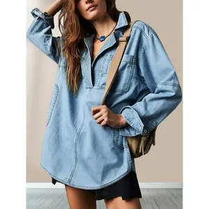 Women's Denim Pullover Leisure Button V-neck Shirt Loose Design Long Sleeve Denim Jacket with Pockets