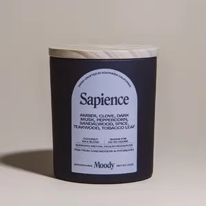 Moody Haus Scented Candle: Sapience - Amber, Clove, Dark Musk, Peppercorn, Sandalwood, Teakwood - Handcrafted in Southern California with Coconut Wax Blend & Premium Essential Oils - 7.3oz - 40-50 Hour Burn Time - Supports Mental Health Resources