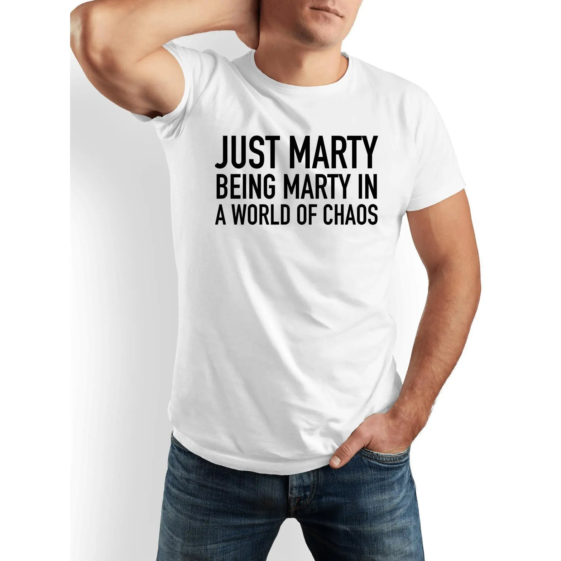 Men's Oversized Short-Sleeve Round Neck Vintage Cotton Tee - "Just Marty Being Marty in a World of Chaos" Graphic T-Shirt, 100% Cotton, Black & White, Casual Streetwear, Mensfashion, Ideal Gift for Men, Everyday Comfort Outdoor Apparel
