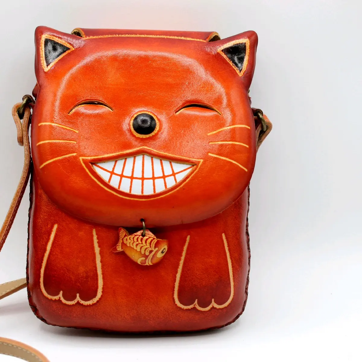 leather happy cat purse handmade
