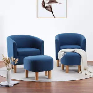 Blue Accent Chair With Ottoman Modern Comfy Armchair Footrest Set Upholstered Barrel Round Club Tub Sofa Chair for Living Room Bedroom Reading Room