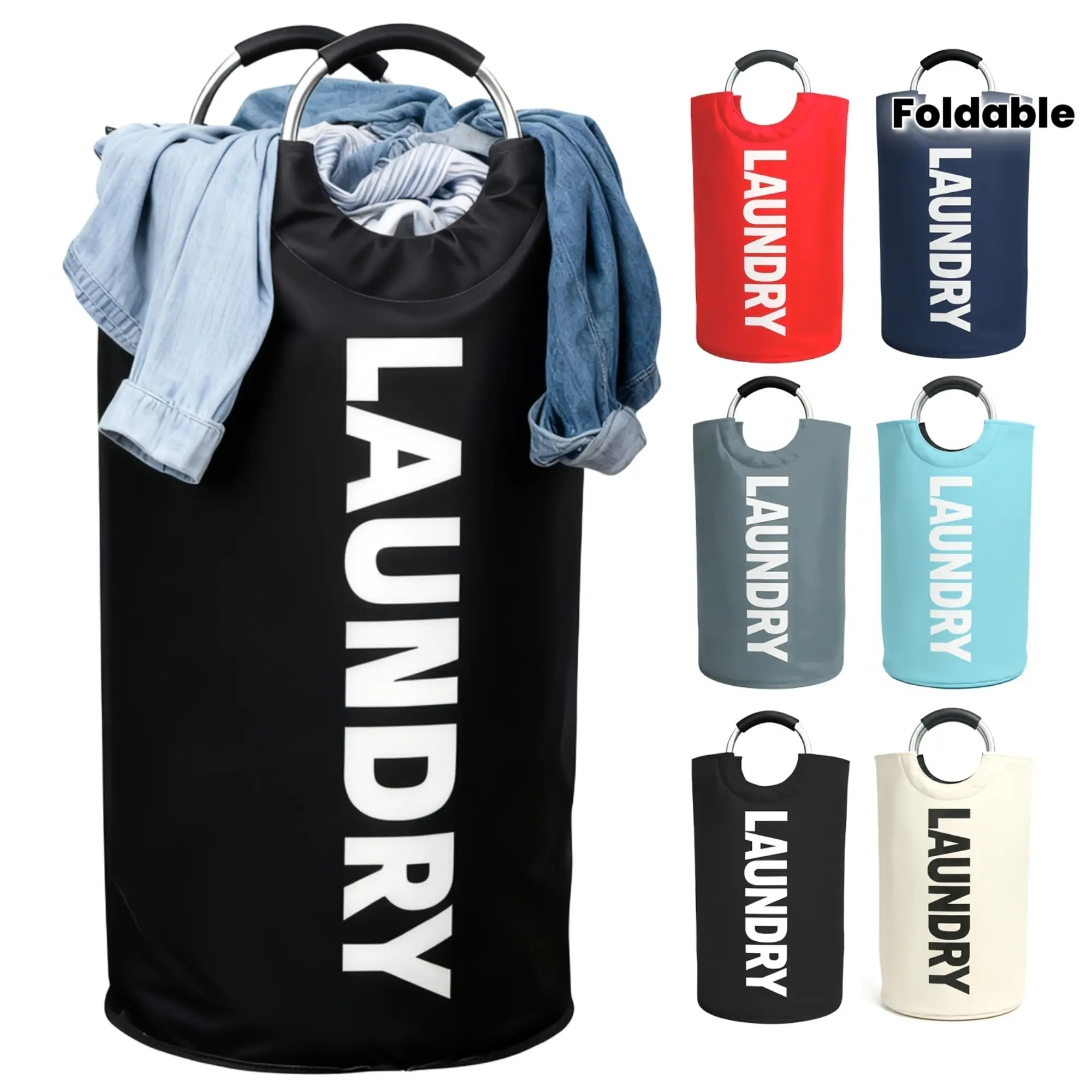 Classic Round Oxford Laundry Basket - Extra Large Foldable Clothes Hamper Bag with Aluminum Full Loop Handle, Tall Collapsible Fabric Bin for Bedroom, Closet Organization & Space-Saving Storage, Laundry Baskets