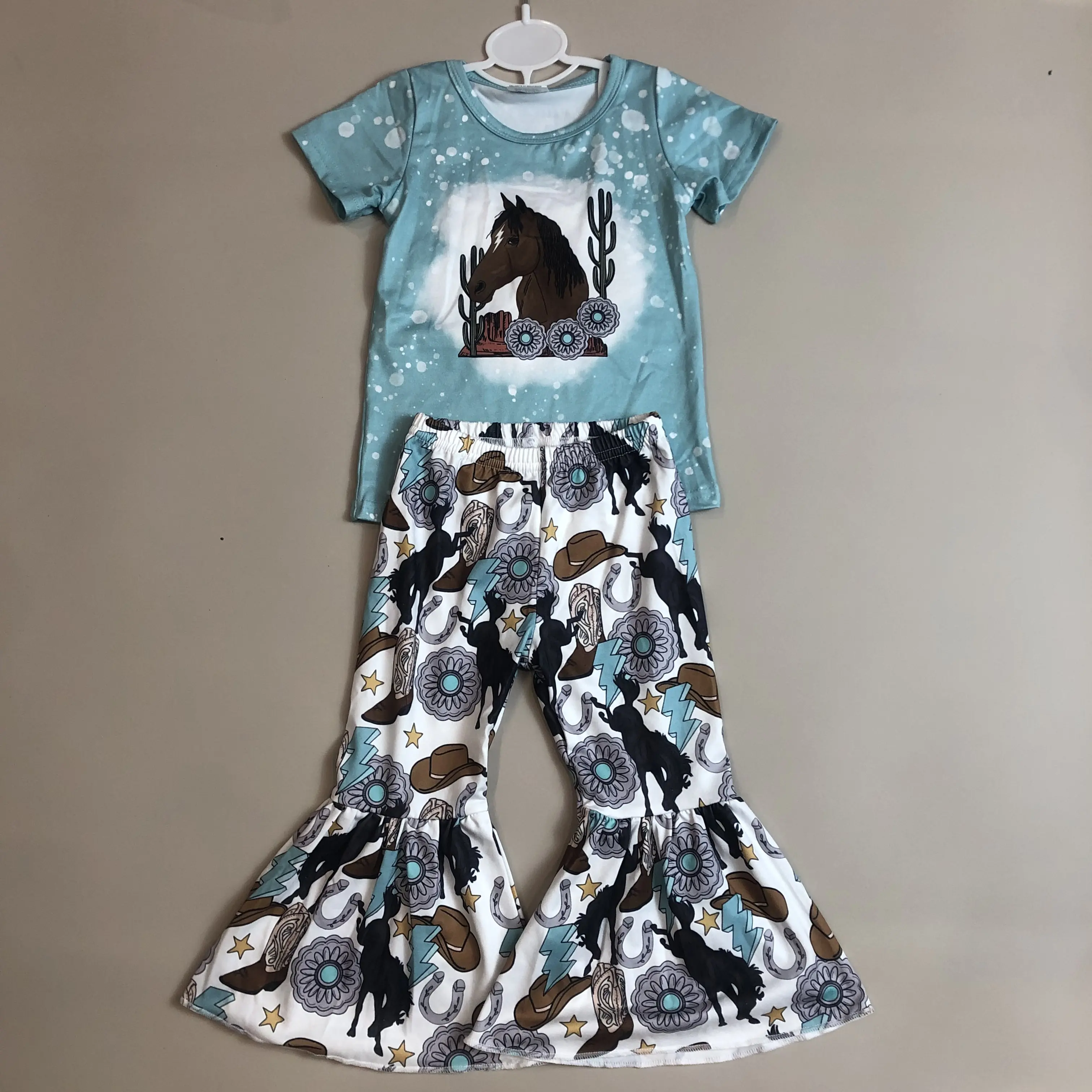 Girls' Turquoise Bell Bottom 2-Piece Western Clothing Set with Chain & Floral Pattern, Spring Cowgirl Fashion for 3-6m, 3t, 4t Kids, GSPO0831, Western Fashion, None, 6-12M, 6-7T