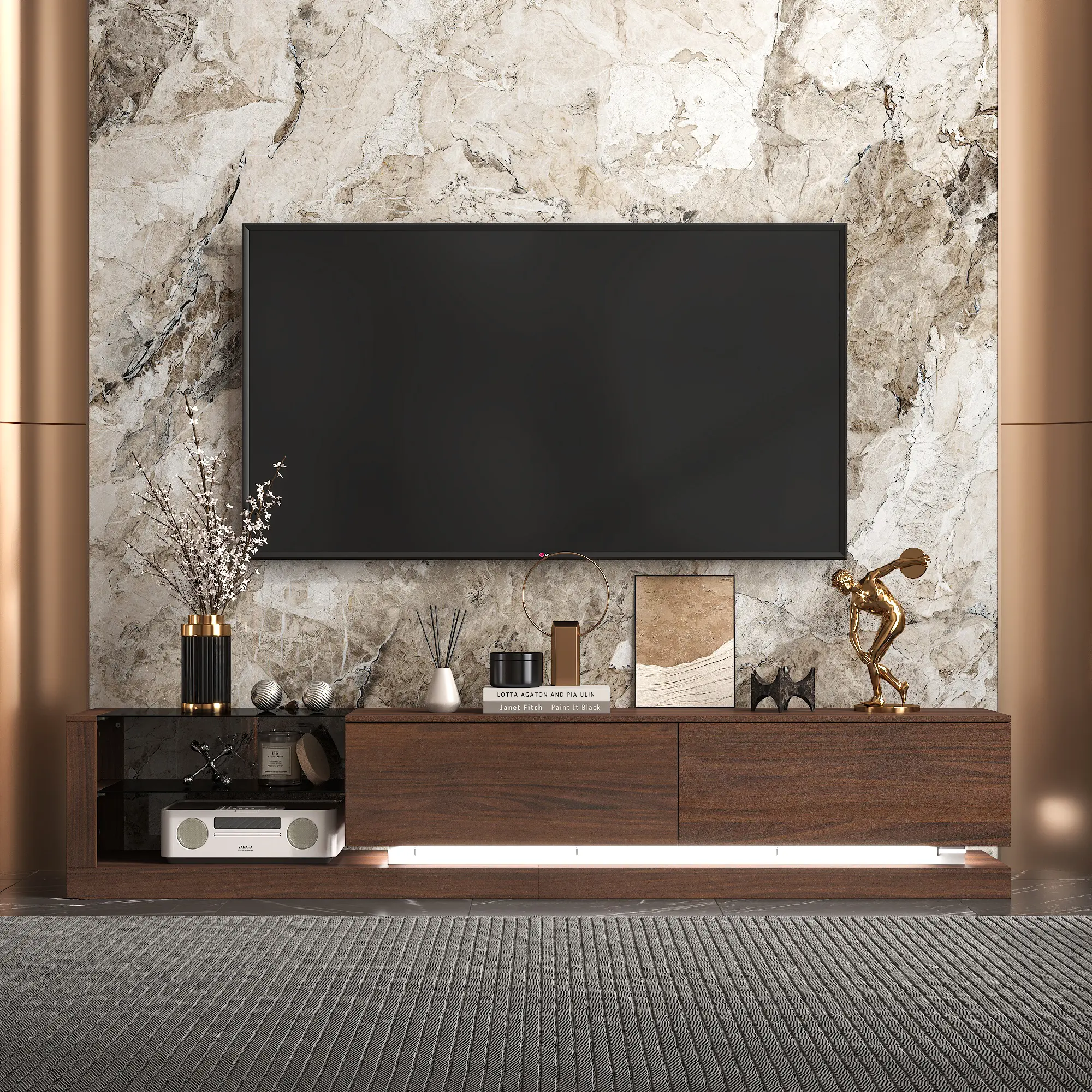 FUFU&GAGA Floating TV Stand with LED Lights - Modern Walnut Engineered Wood Media Console, Floating Base, Glass Shelf Display, Hidden Storage TV Shelf for Living Room