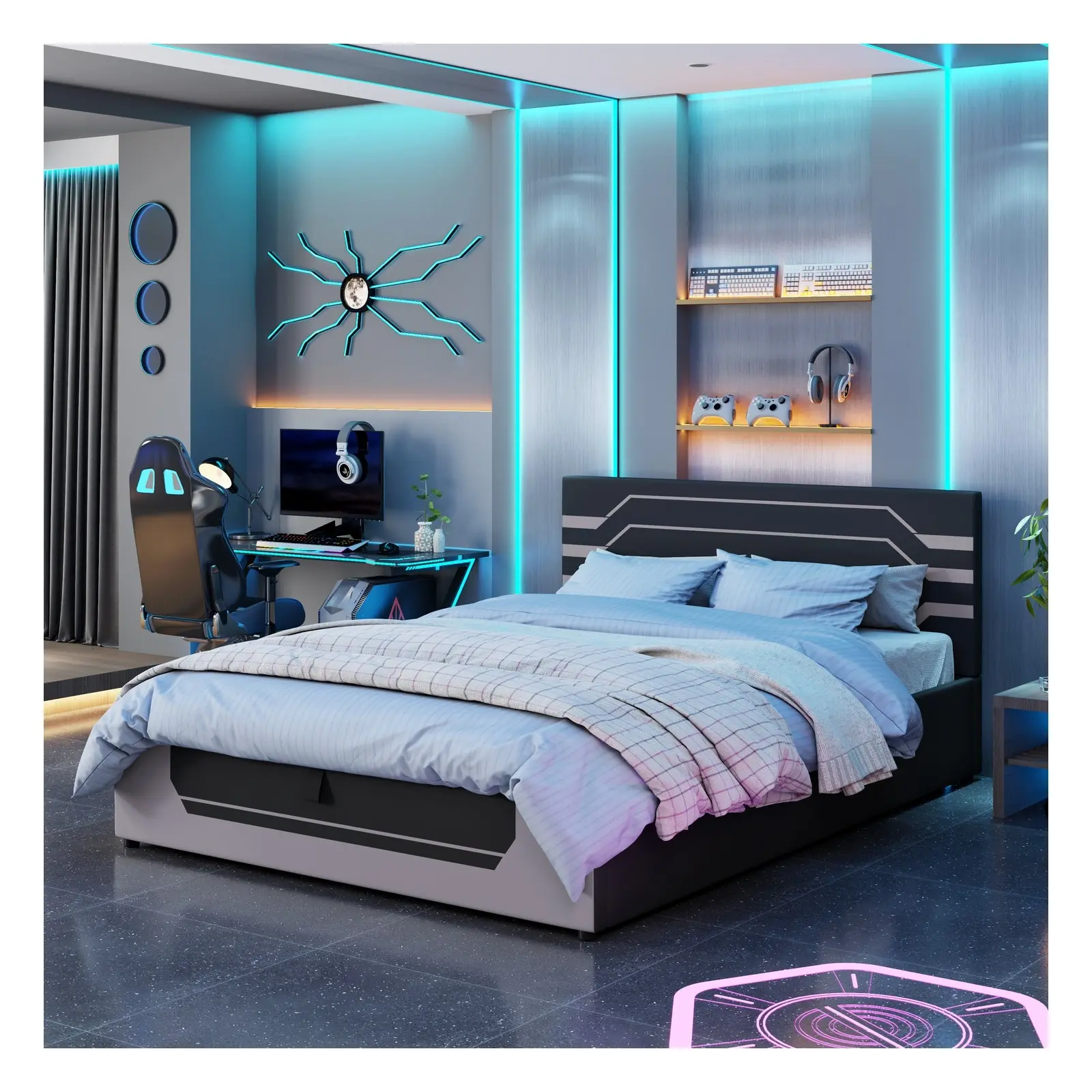 Queen Size Upholstered Storage Platform Bed Frame with Hydraulic Lift, Headboard, Gaming Design and Space-Saving Design, Black/Gray/Purple/Red