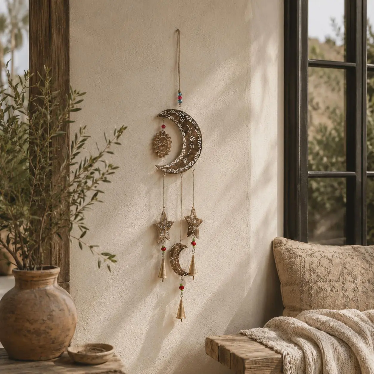 Handmade Art Sun Moon Shape Gold Mango Wood Wind Chimes - Gentle Wind Chimes with Glass Beads, Cone Bells, Indoor-Outdoor Sound Maker, 6"x1"x34"