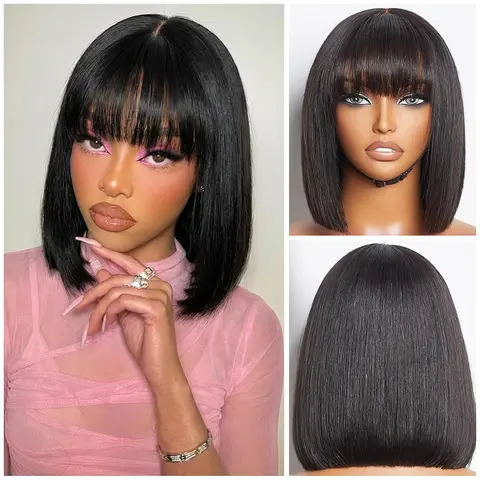 DATANALA Bob Wig Human Hair with Bangs Glueless Wigs for Black Women 12 Inch Straight Bob Wig with Bangs Human Hair, 3x1 HD Lace Front Wig for Black Women, 180% Density