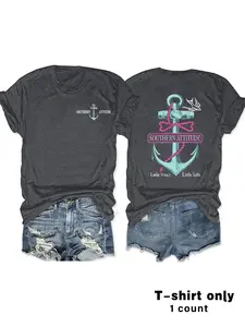 Women's Summer Casual Fitted Short Sleeve T-Shirt, Anchor & Letter Print, Breathable Comfort, S-Xxl Sizes, Perfect for Daily Wear