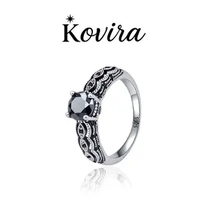 Kovira S925 Sterling Silver Vintage Black Obsidian/5A Zircon Filigree Ring for Women Everyday Wear,Statement Gift/Unique Ring/Daily Armor Ring/Engagement Ring/Date Ring/Gift For Her
