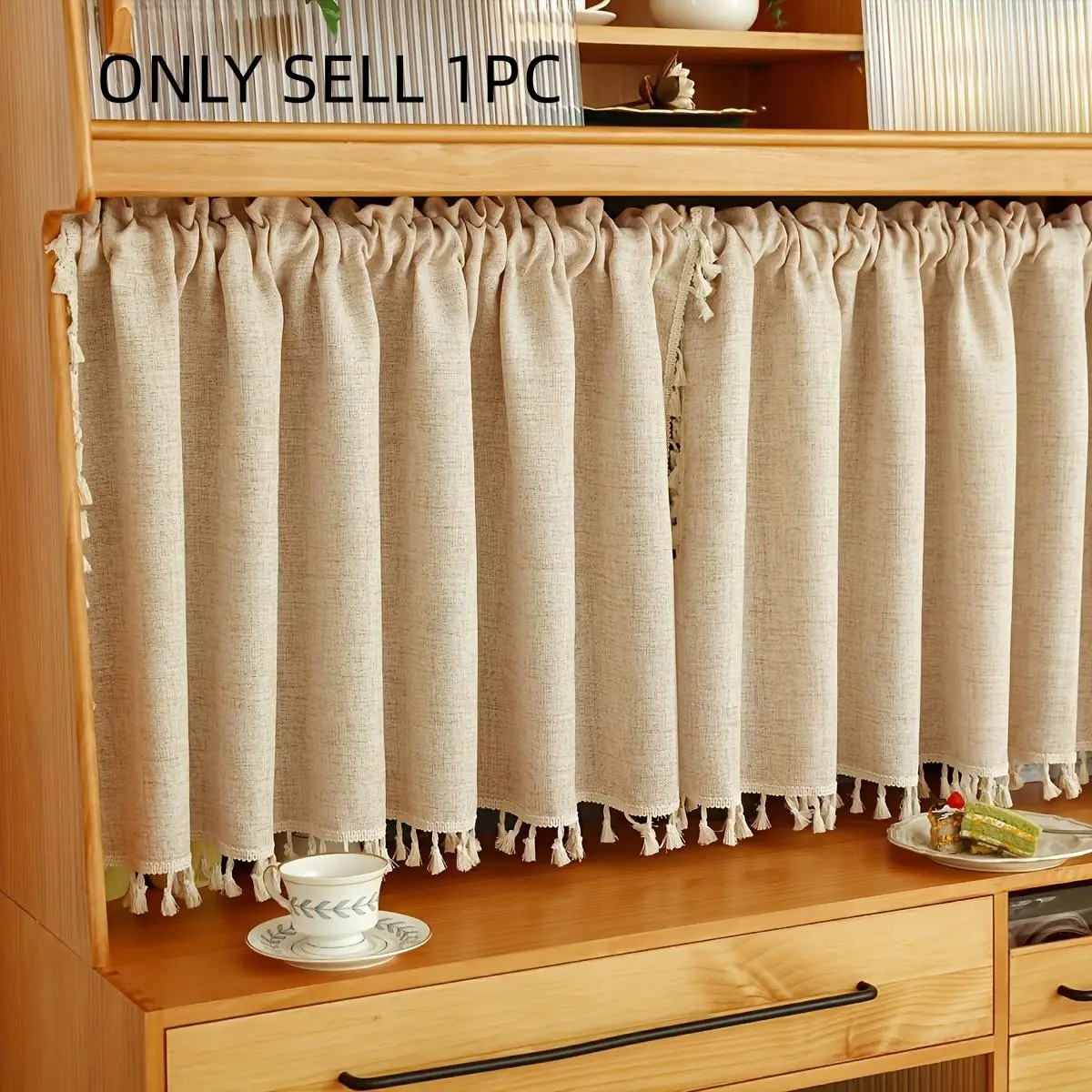 Vintage Style Kitchen Layered Curtain, Fringe Short Valance, Tassel Decor Curtain, Rod Pocket Light Blocking Panel for Bedroom Bay Window Cabinet Decor, Home Decoration Curtain, Interior Decoration Accessories, Kitchen Curtains, Home Decorative Curtain