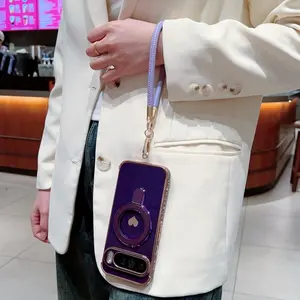 Fashionable Lanyard Stand Phone Case for Google Pixel 7a 8a 9a 10a 8 9 10 Pro Xl, Electroplated Heart Design, Simple Protective Cover