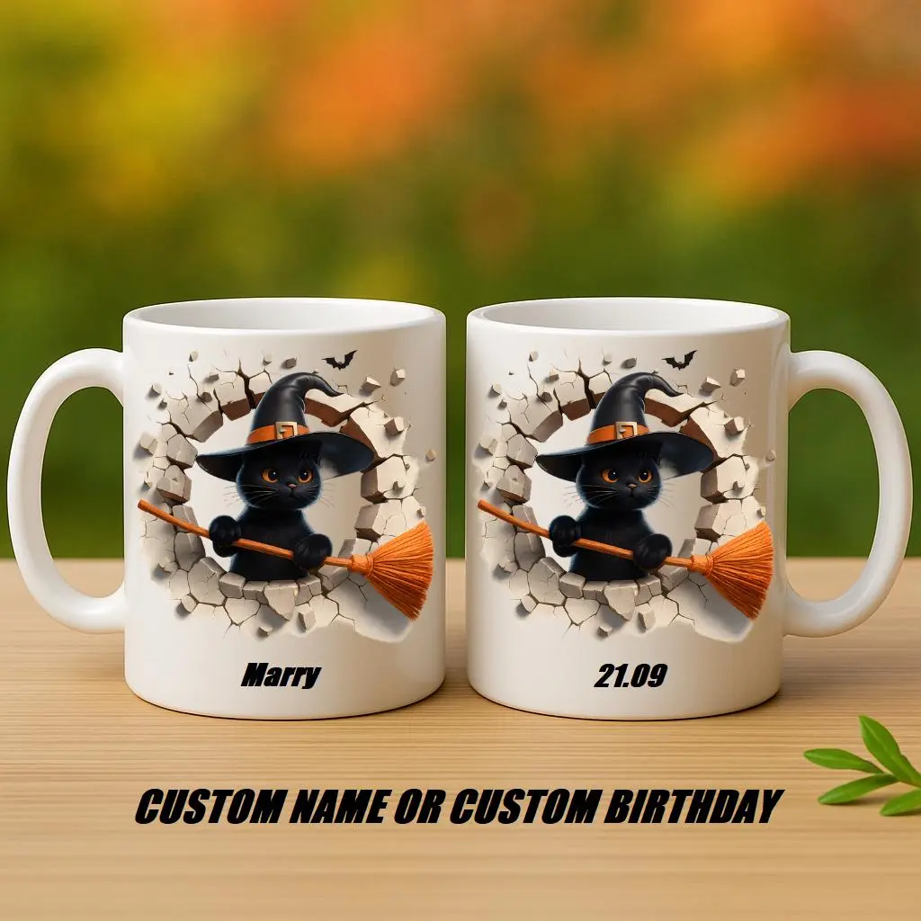 Personalized Black Cat Coffee Mug with Cute Witch Hat and 3D Broken Wall Design, Custom Name or Date Ceramic Cup for Cat Lovers | Gifts for Kids | Home Decor | Hot Chocolate | Drinks | Novelty Gifts | Office Mugs |
