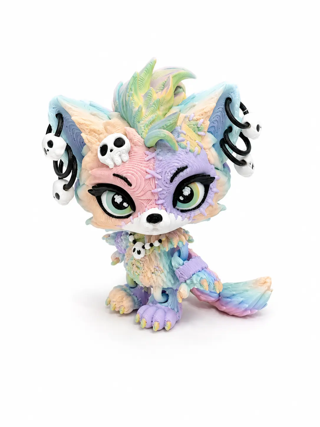 Lupa the Voodoo Wolf Pup 2.8" — Articulated 3D Printed figurine w/ Skull Earrings 