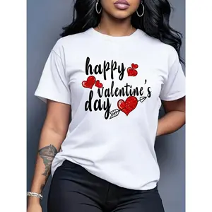 Women's Valentine's Day Pattern T-shirt, red sequin heart-shaped arrow design |           Casual short-sleeve T-shirt, perfect for Valentine's Day celebrations and as a gift for girlfriends and loved ones