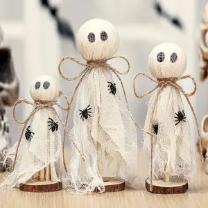 3 Pcs Primitive Halloween Ghost on Wooden Stand - Table Centerpieces, Tiered Tray Decor, Rustic Spooky Crafts for Fall Home Shelf Mantels, Indoor Decorations