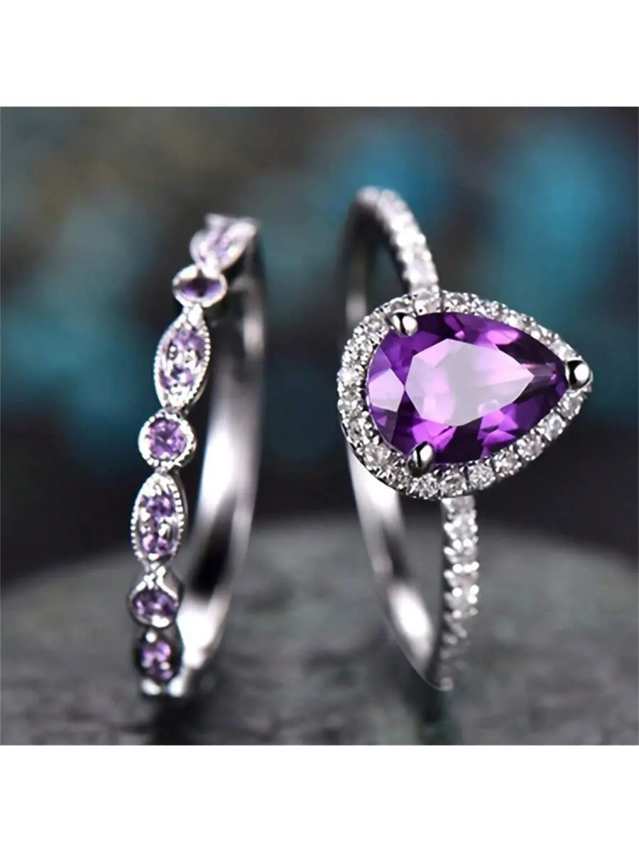2PCS Style Couple Ring Set – Purple Crystal & 3D Rose Flower Engagement Rings