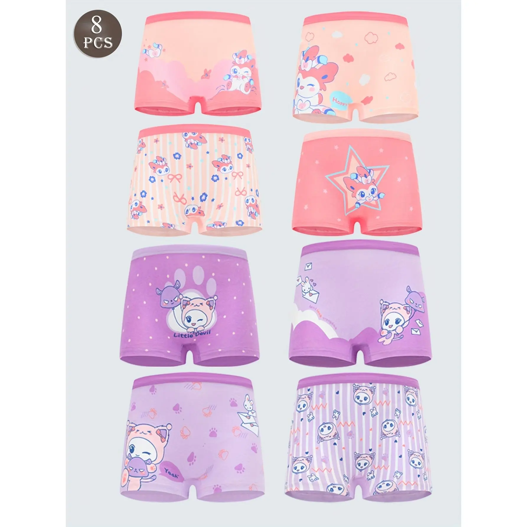 [8pcs Cotton Boxer] 8pcs Soft Cotton Girls Boxer Underwear |         Cute Cartoon Breathable Printed