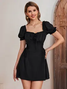 Square Neck Backless Adjustable Side Tie Waist Ruched Chiffon Dress, Chic Minimalist Style for Daily Wear, Fashionable Women's Clothing