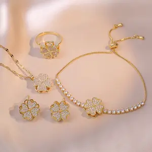 5PCS Rotating Jewelry Set, Necklace for Women Four-leaf Heart Zircon Rotating Earrings Ring Bracelet Set Clavicle Chain