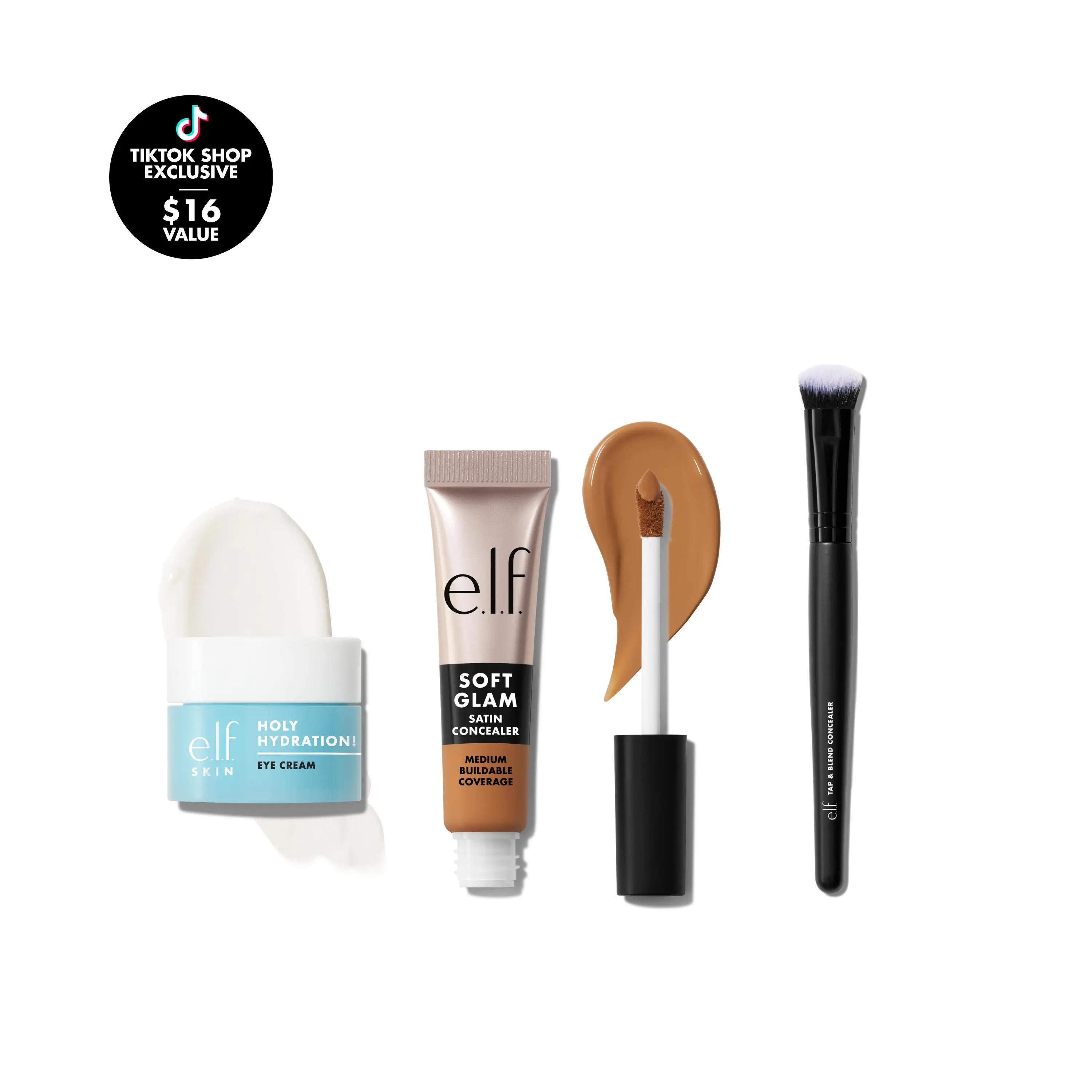 Soft Glam Concealer Set: Satin Concealer, Tap & Blend Brush, Holy Hydration! Eye Cream Mini
