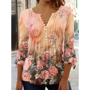 [Spring Floral Print Top] Floral Print 3/4 Sleeve V-Neck Tops - Women's Spring Casual Elegant Loose Blouse