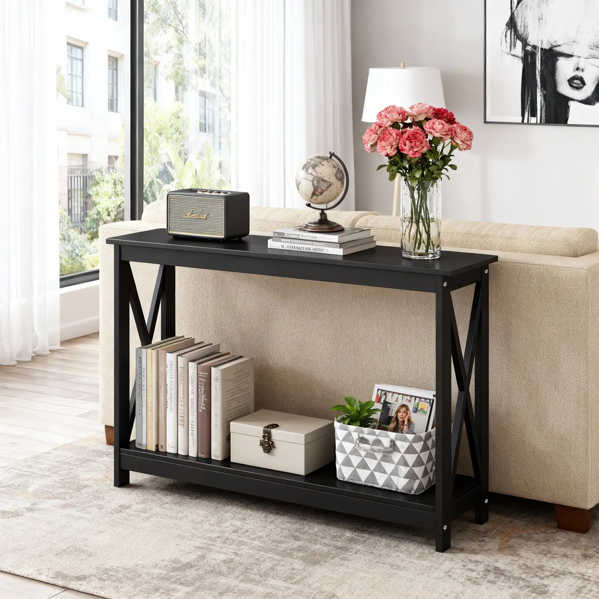 Segawe 2-Tier X-Shaped Narrow Console Table, Sofa Table, Small Entryway Table with Storage Shelves, Behind Couch Table, for Living Room, Hallway, Black
