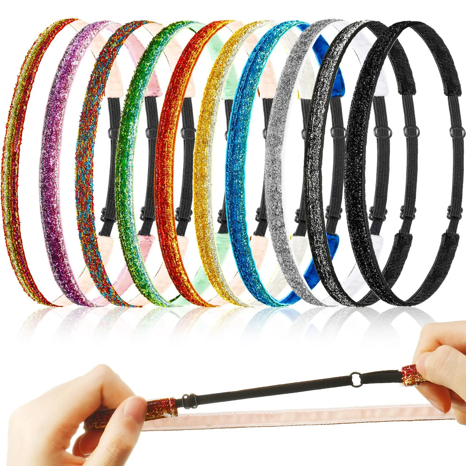 10 Pcs Glitter Non Slip Running Headbands Elastic Girls Sports Velvet Sparkly Fabric Stretchy Shiny Headbands Pack Workout Fashion Hair Accessories for Teen Girl Women Party Favors(0.4 Inches/ 1 cm)Gift.