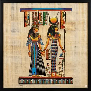 Framed Egyptian Papyrus Painting: Isis & Hathor - Signed Hand-Painted Art