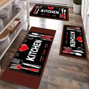 1/2/3pcs Set Simple Kitchenware Print Kitchen Mat Set, Very Good Home Decorative Mat, Flannel Material Dry Non-Slip Soft Comfortable Easy To Clean, Suitable For Bathroom Door Mat Bedroom Living Room Porch Laundry