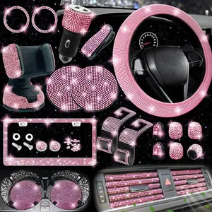 27-Piece Rhinestones Sparkling Bling Car Interior Accessory Set - Universal Fit Steering Wheel Cover, License Plate Frame, Phone Holder, Car Fast Charger, Coasters (Pink)