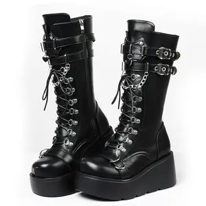 Women'S Gothic Knee High Boots Wedge Platform Mid Calf Round Toe Side Zip Boots Lace Up Punk Style Boots Comfortable Tall Punk Combat Boots