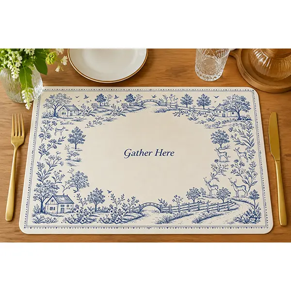 Fall Placemat,intage Blue Toile Placemats 4PCS - 17.7x11.8 Inch Farmhouse Countryside Table Mats with Blue Country House, Tree, Bridge, Deer & Gather Here Lettering Design for Kitchen Dining Farm Party Decor