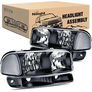 Nilight 1999 2000 2001 2002 2003 2004 2005 2006 GMC Sierra Yukon Headlight Assembly Black Case Clear Reflector