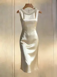 Women's Plain Sleeveless Pearl Dress, Round Neck Fitted Back Zipper, Comfortable Fashion Chic Party Gown, All Seasons Casual Style