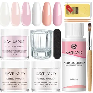 Saviland Acrylic Nail Starter Kit: Clear Pink Nude Acrylic Powder & Liquid, Brush, Files, Forms, Press On Nails, Home Practice Set