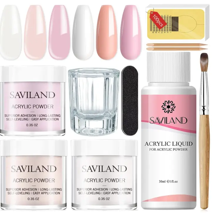 Saviland Acrylic Nail Starter Kit: Clear Pink Nude Acrylic Powder & Liquid, Brush, Files, Forms, Press On Nails, Home Practice Set