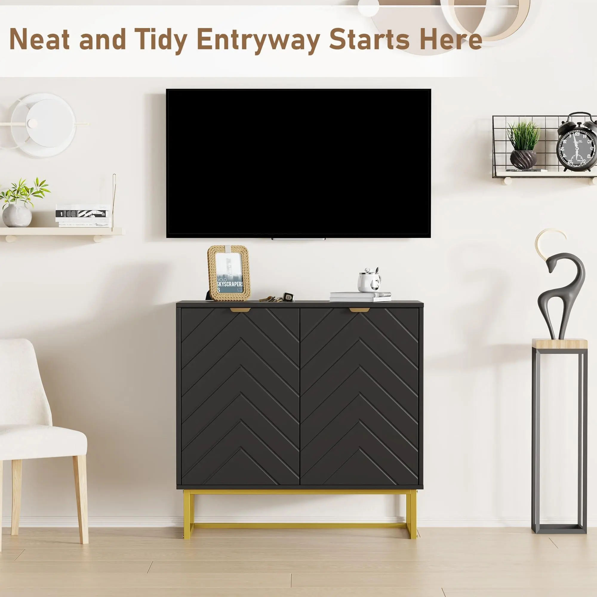Modern 80cm sideboard – wooden chest of drawers with herringbone doors and shelf, elegant storage cabinet for living room, dining room or hallway – double doors – black