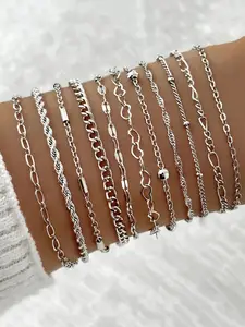 Fashion Simple Heart & Chain Design Link Bracelet Set, Bracelets Stacking, Matching Bracelets, Casual Jewelry for Women, Simple Jewelry for Party, Daily Clothing Decor, Trendy All-match & Exquisite Jewelry for Birthday Gift