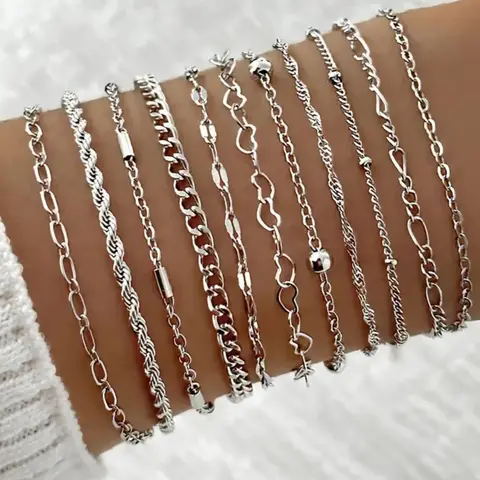 Simple Heart & Chain Design Link Bracelet Set, Alloy Chain Bracelet, Minimalist Bracelet, Matching Bracelets, Stacked Bracelets, Casual Jewelry for Women, Daily Clothing Decor, Birthday Gift, Stackable Minimalist Jewelry