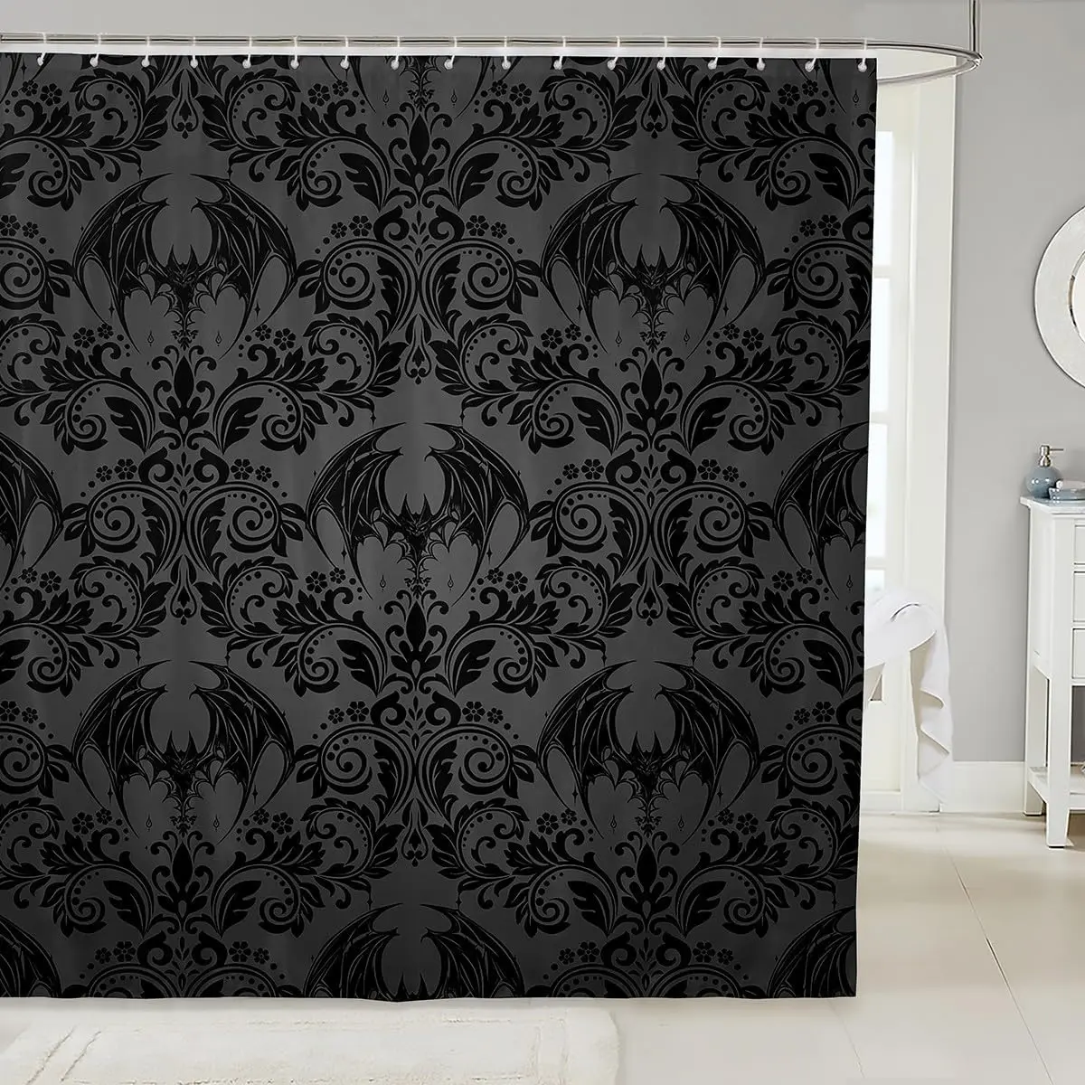 Adults Gothic Shower Curtain for Bathroom Decor 72" L x 72" W Dark Olive Green Damask Bath Curtain Bat Bohemia Boho Bathroom Accessories Goth Vintage Victorian Baroque Floral