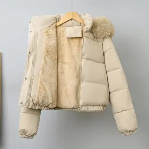 Winter women's cotton jacket with thick velvet coat, detachable hooded jacket with fur collar, and warm jacket