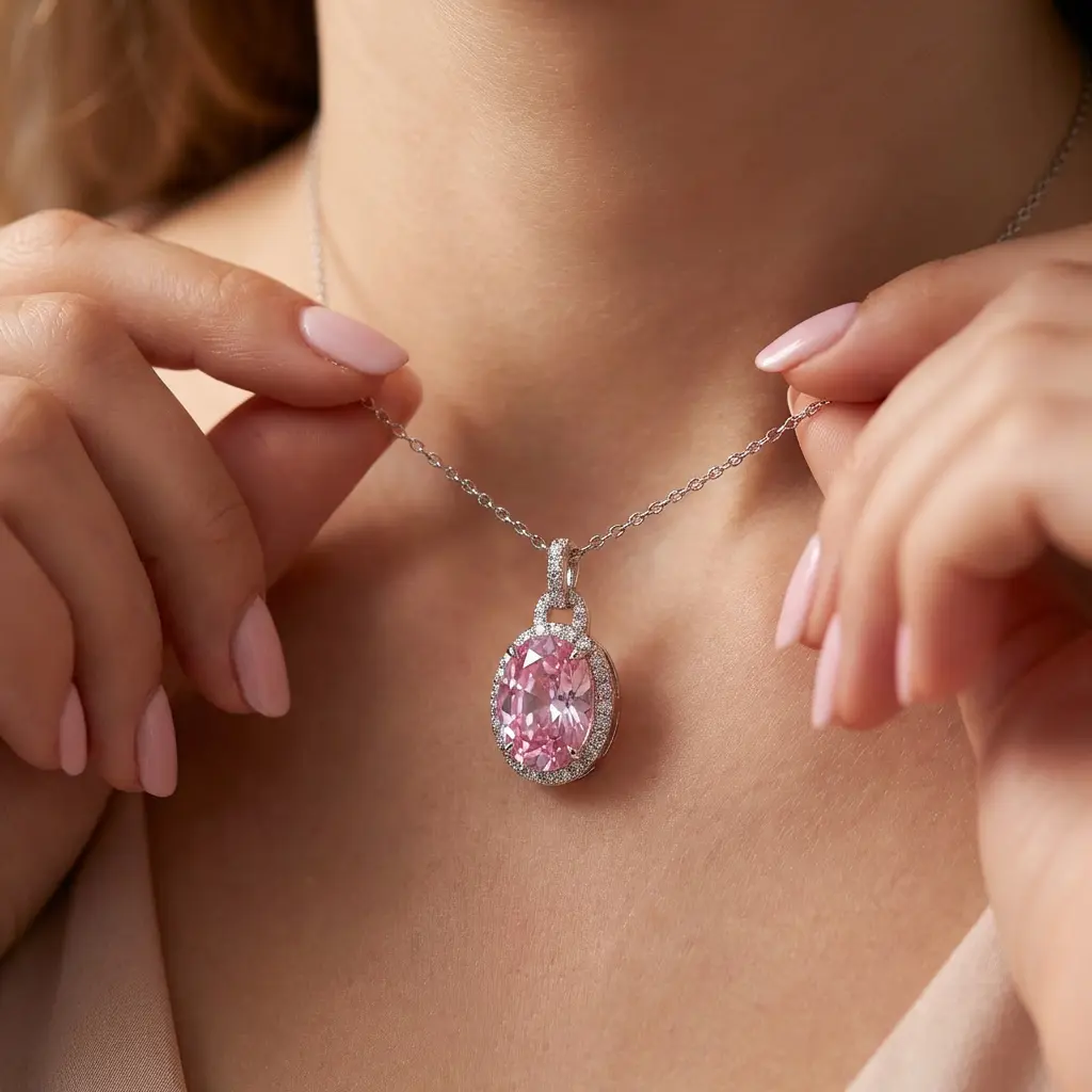 DERDALN Women's Sterling Silver Pink Oval Aurora Necklace - Simulated Sapphire Halo Pendant, 5A Cubic Zirconia, Wedding Promise Gift (Costume Fashion Accessory)