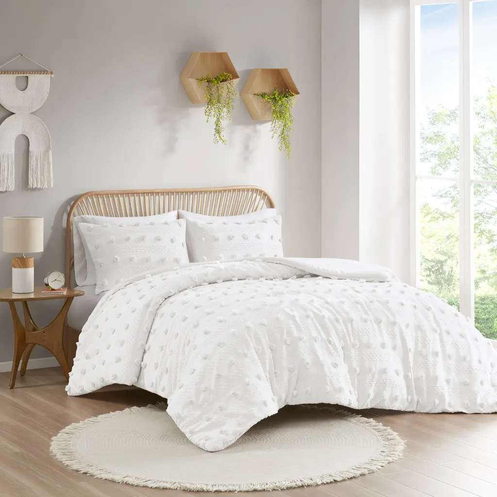 Regency Heights Lucy Classic Jacquard Eco-Friendly Soft Comfy Bedding Set - Queen Size, 3-Piece Set (1 Duvet Cover 88"w x 90"l, 2 Standard Shams 20"w x 26"l Each), Button Closure, Antimicrobial Treatment, Pompom Detail, Tie, Functional, Machine Washable,,
