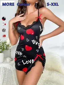 Romantic Valentine's Day Gift Women's Casual Elegant Home Sleepwear, Heart Print, Lightweight Fabric, Sleeveless, Adjustable Strap, All Seasons