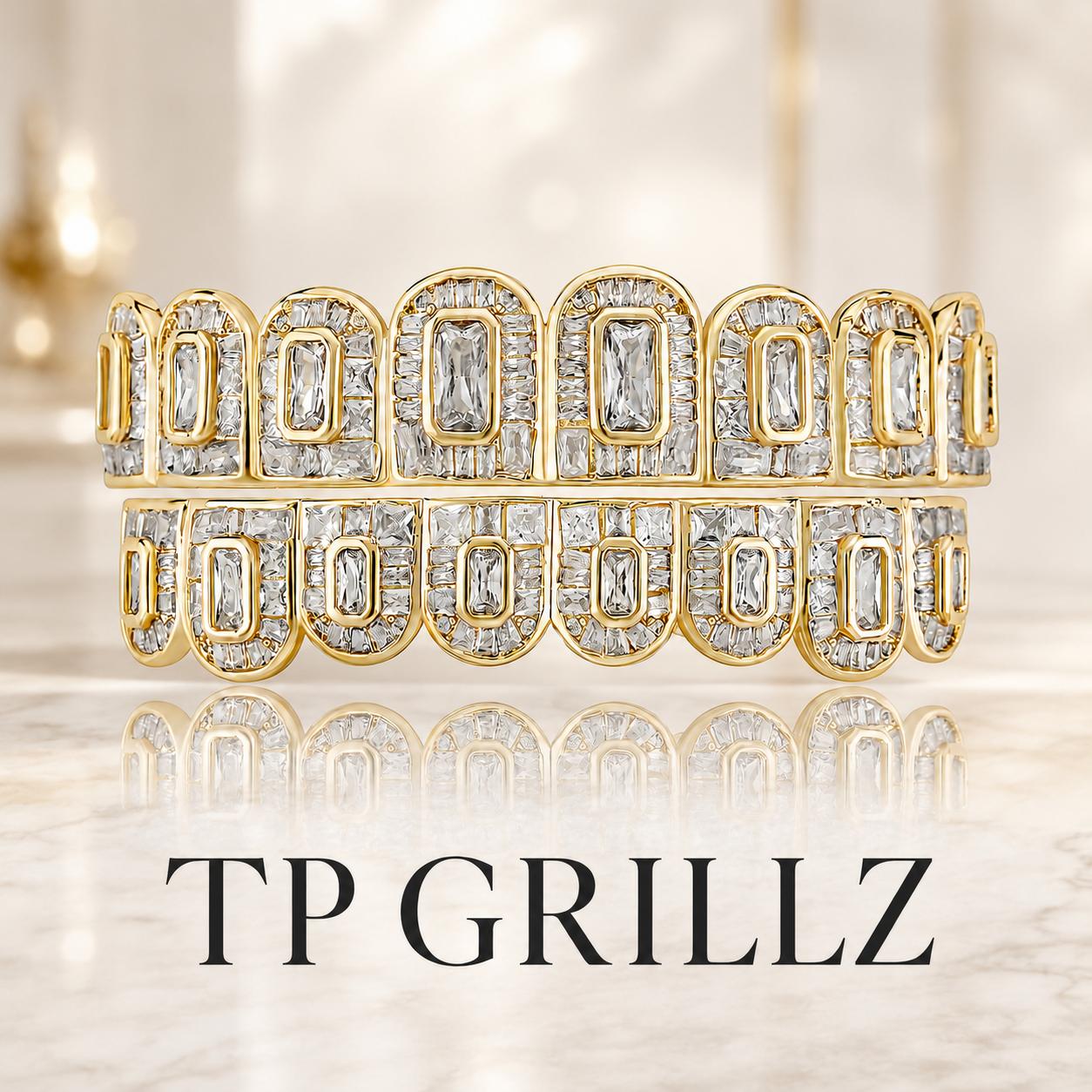 BH GRILLZ Luxury Custom Baguette Iced-Out Top and Bottom Grillz, Hip Hop Men’s Body Jewelry with Halloween-Inspired Details (Gold Finish)