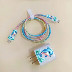 5pcs Set: Dolphin, Smile, Blue, Splash, Cartoon Charger Case, Anti-Damage Cable Wrap Cord Protector for Boyfriend/Girlfriend Gift, 20W Fast Charging Head & 18W Data Cable Cover, Charger Cover For Max, Charger Protector, Cell Phone Charger Case